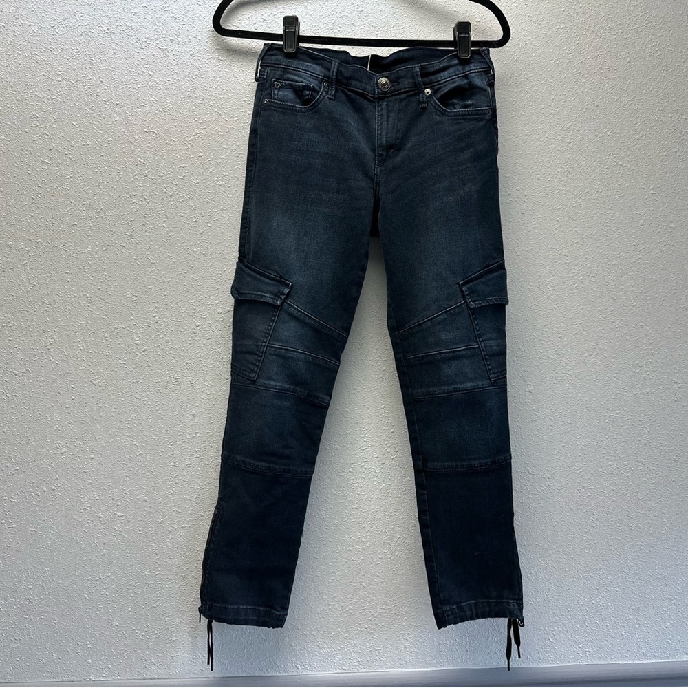 True Religion Mid Rise Super Skinny Dark Wash Zipper Ankle Jeans